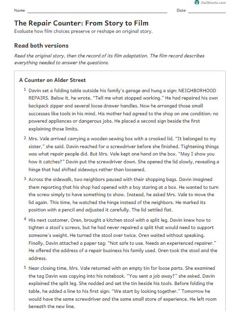 The Repair Counter: From Story to Film worksheet preview