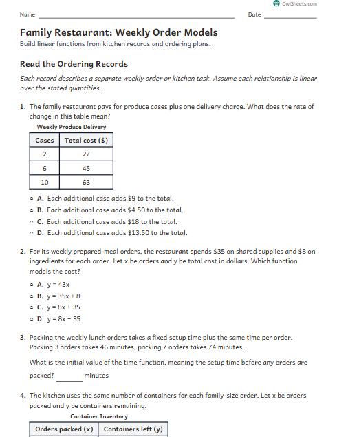 Family Restaurant: Weekly Order Models worksheet preview