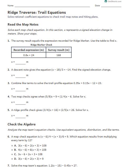 Ridge Traverse: Trail Equations worksheet preview
