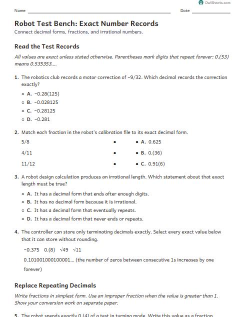 Robot Test Bench: Exact Number Records worksheet preview