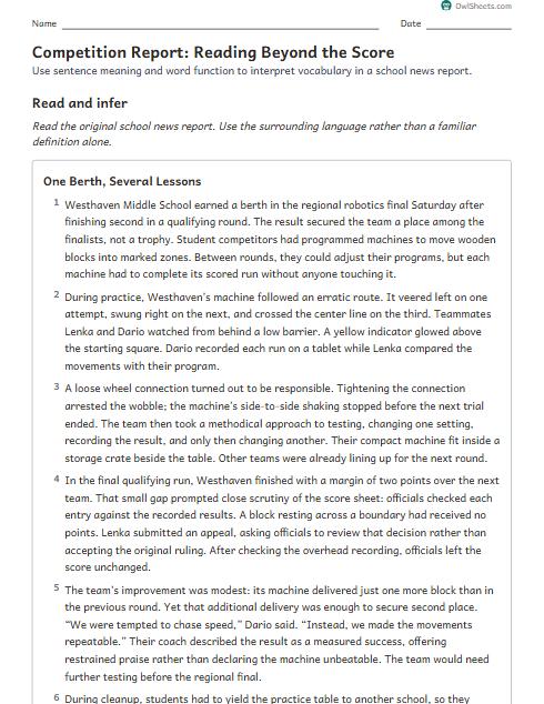 Competition Report: Reading Beyond the Score worksheet preview