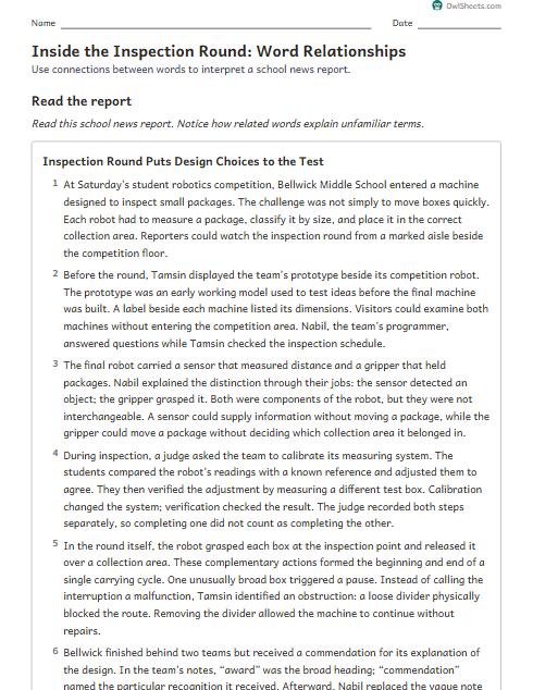Inside the Inspection Round: Word Relationships worksheet preview