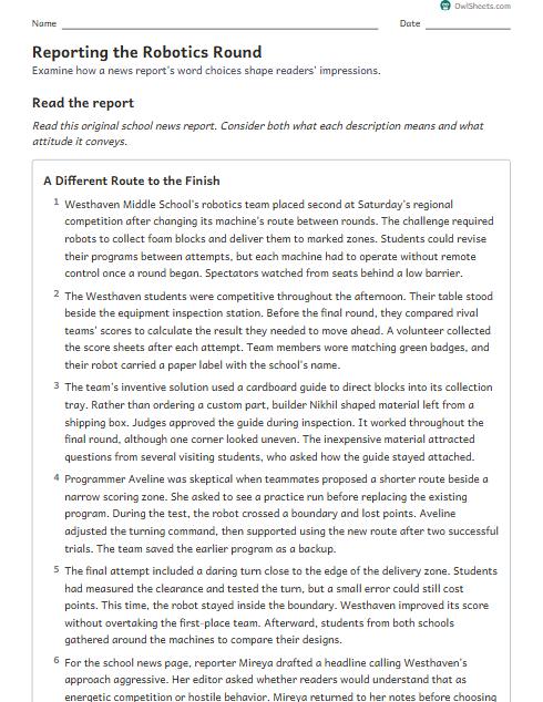 Reporting the Robotics Round worksheet preview
