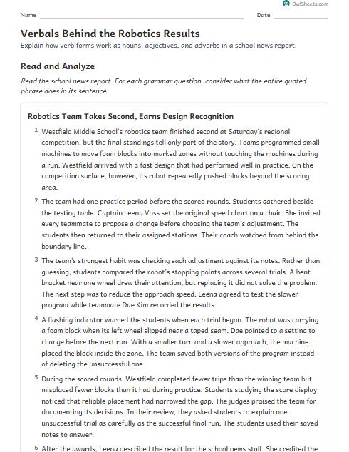 Verbals Behind the Robotics Results worksheet preview