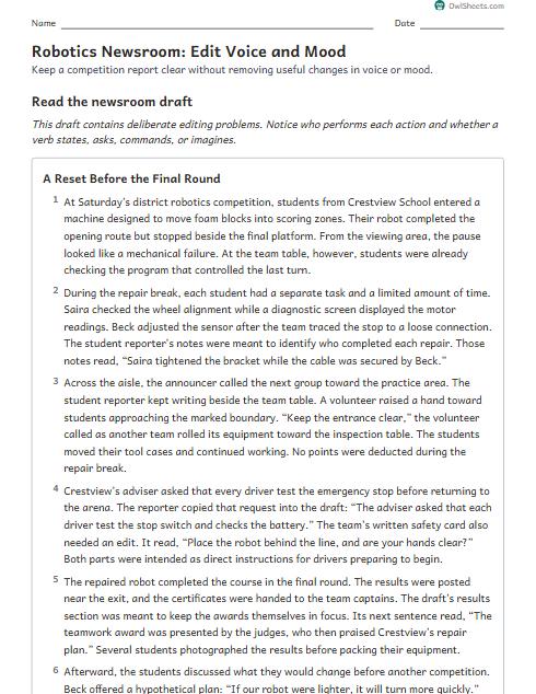 Robotics Newsroom: Edit Voice and Mood worksheet preview