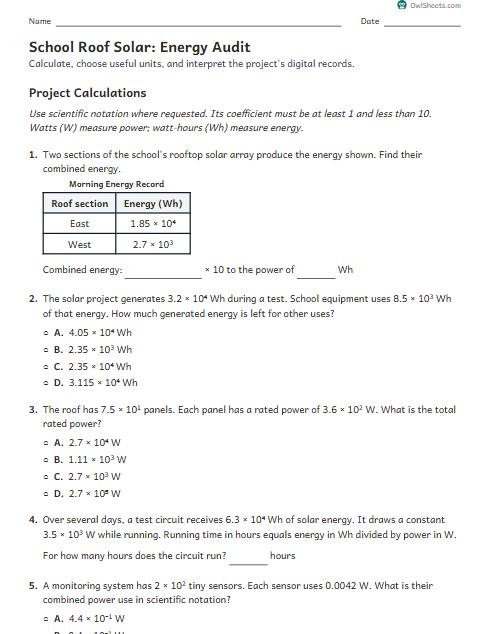 School Roof Solar: Energy Audit worksheet preview