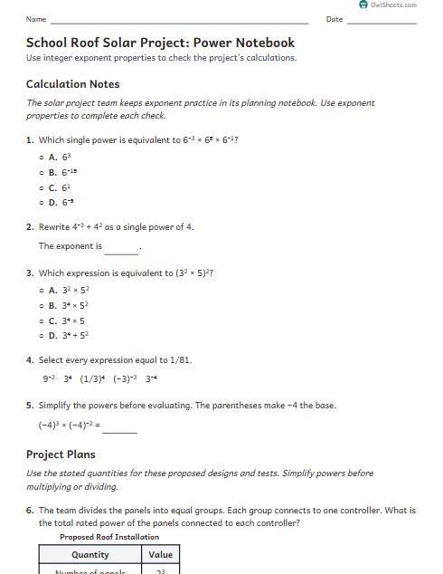 School Roof Solar Project: Power Notebook worksheet preview