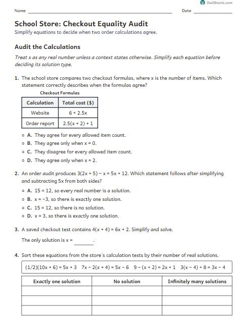 School Store: Checkout Equality Audit worksheet preview