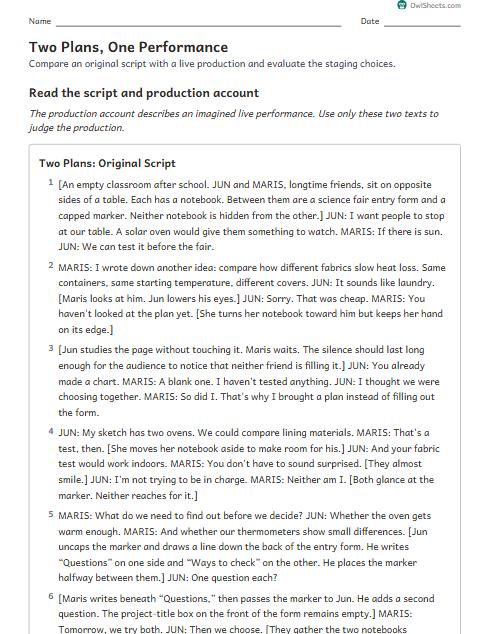 Two Plans, One Performance worksheet preview