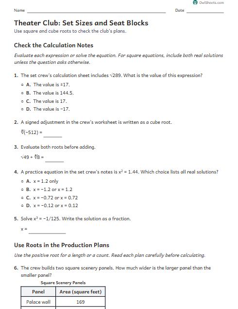 Theater Club: Set Sizes and Seat Blocks worksheet preview