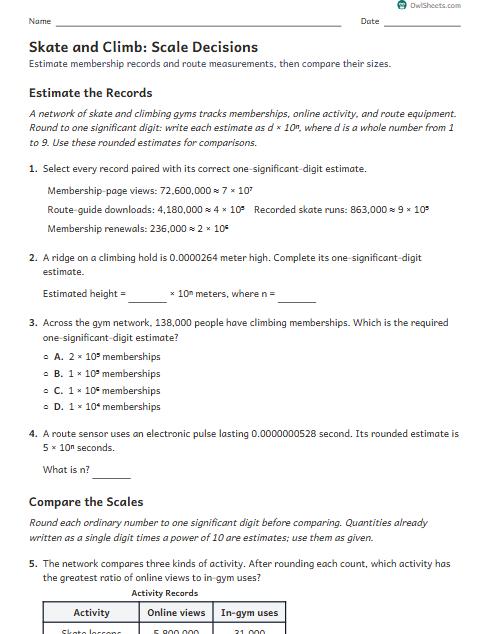 Skate and Climb: Scale Decisions worksheet preview