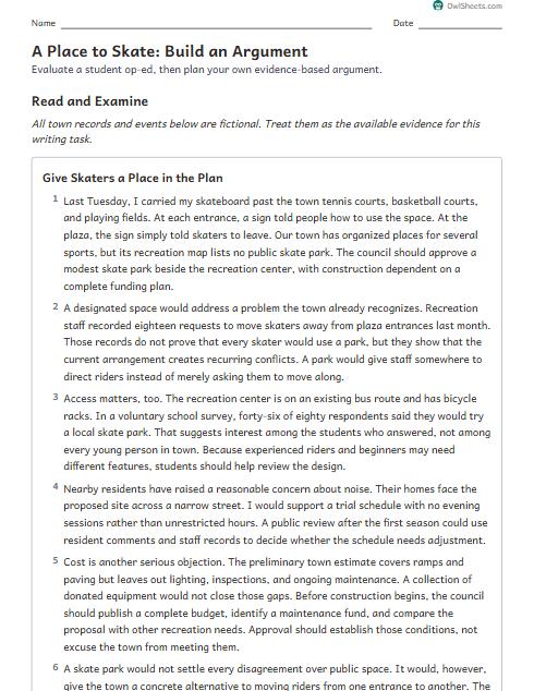 A Place to Skate: Build an Argument worksheet preview