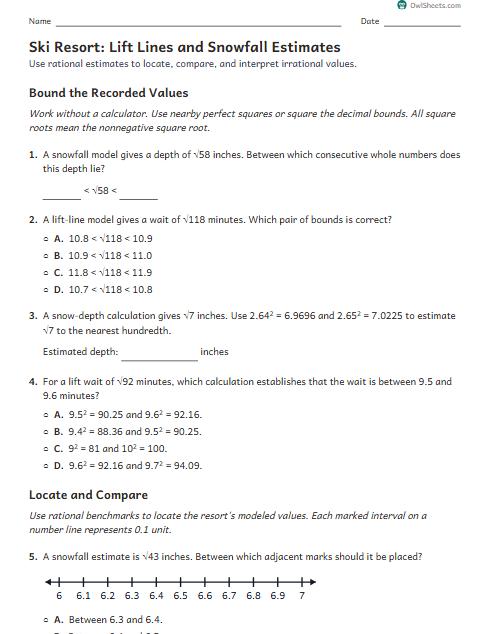 Ski Resort: Lift Lines and Snowfall Estimates worksheet preview
