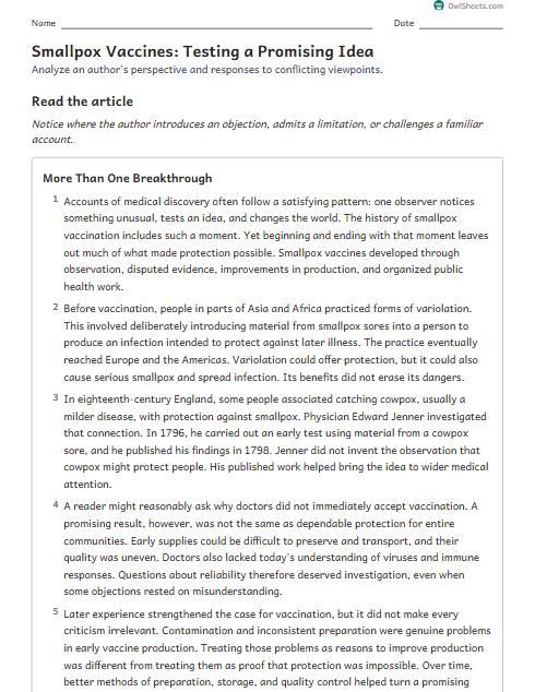 Smallpox Vaccines: Testing a Promising Idea worksheet preview
