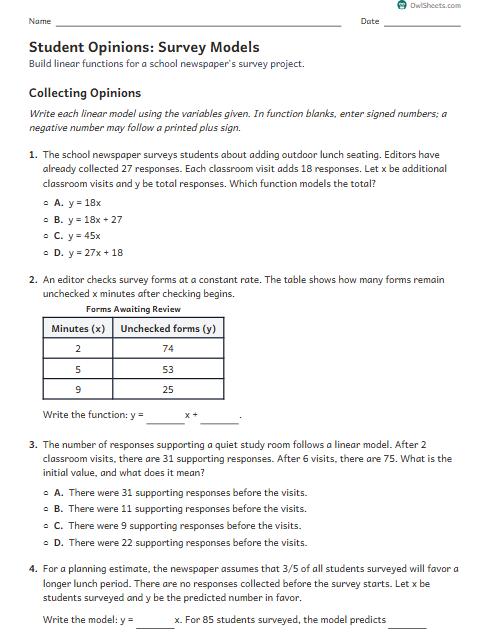 Student Opinions: Survey Models worksheet preview