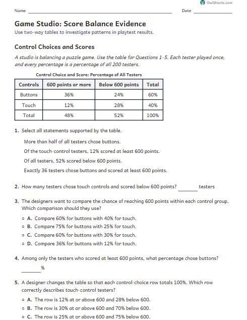 Game Studio: Score Balance Evidence worksheet preview