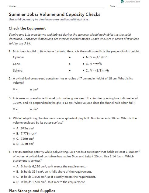Summer Jobs: Volume and Capacity Checks worksheet preview