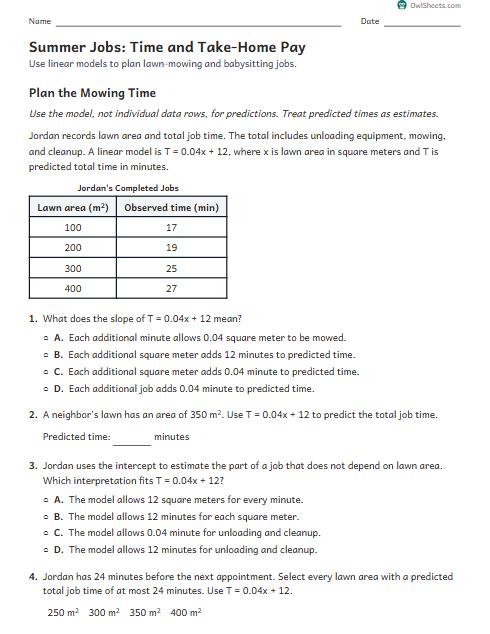 Summer Jobs: Time and Take-Home Pay worksheet preview