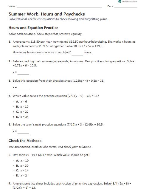 Summer Work: Hours and Paychecks worksheet preview