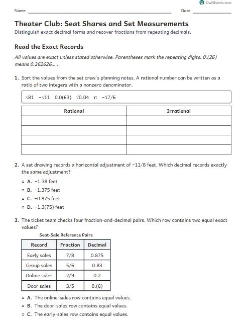 Theater Club: Seat Shares and Set Measurements worksheet preview