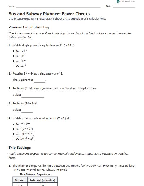 Bus and Subway Planner: Power Checks worksheet preview