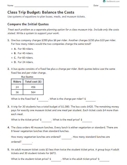 Class Trip Budget: Balance the Costs worksheet preview