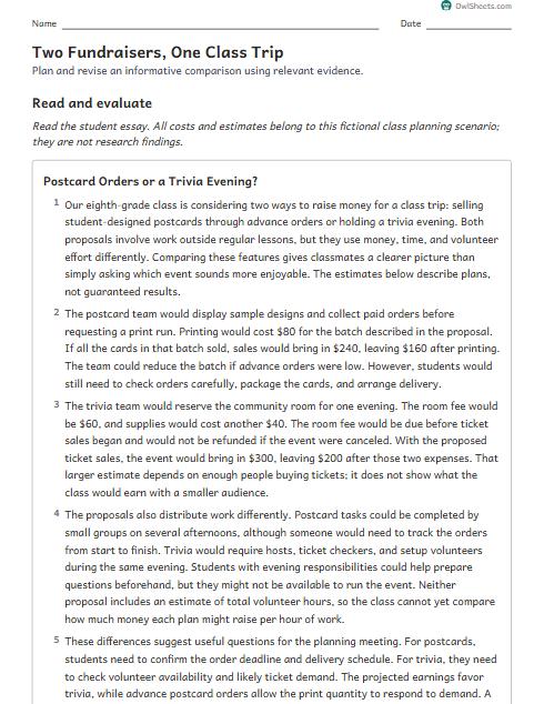 Two Fundraisers, One Class Trip worksheet preview