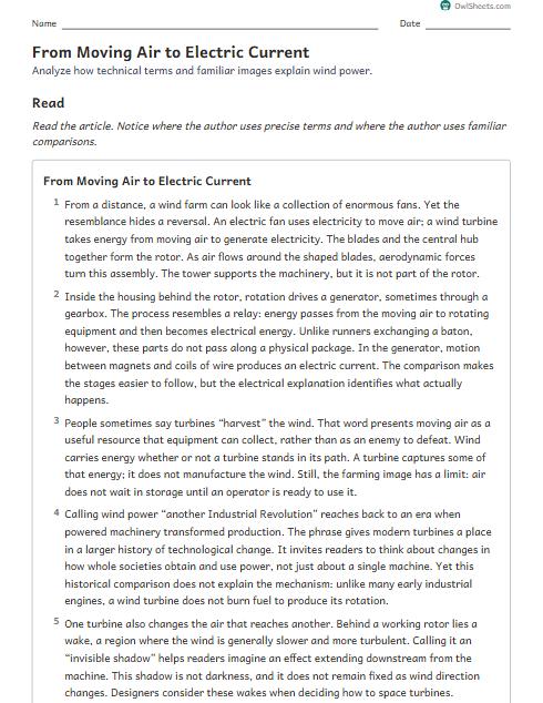 From Moving Air to Electric Current worksheet preview