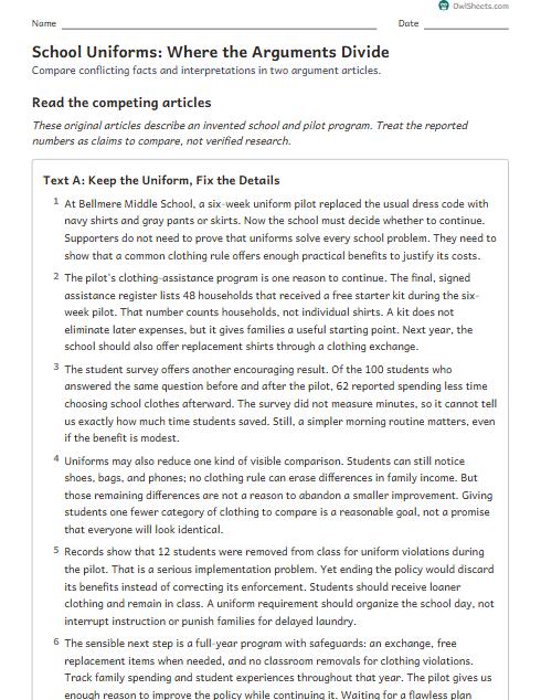 School Uniforms: Where the Arguments Divide worksheet preview
