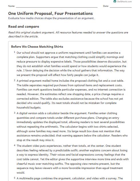 One Uniform Proposal, Four Presentations worksheet preview
