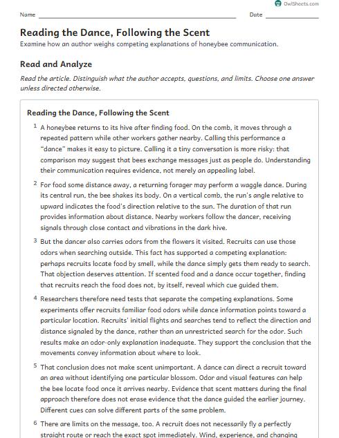 Reading the Dance, Following the Scent worksheet preview