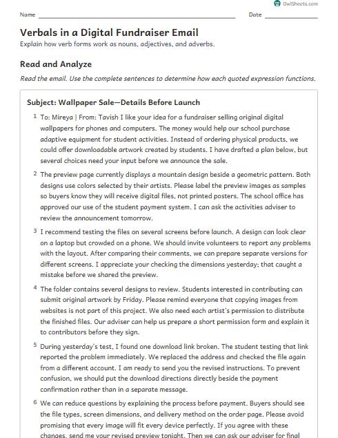 Verbals in a Digital Fundraiser Email worksheet preview