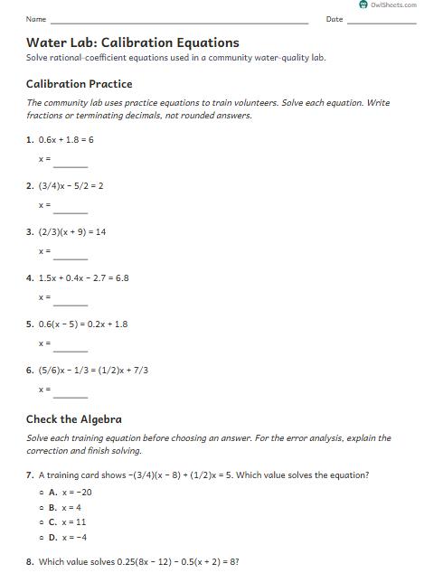 Water Lab: Calibration Equations worksheet preview