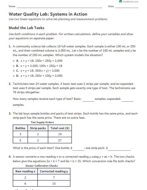 Water Quality Lab: Systems in Action worksheet preview