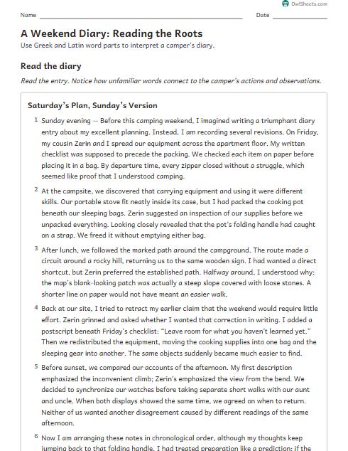 A Weekend Diary: Reading the Roots worksheet preview