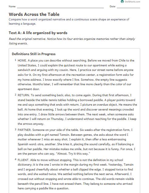 Words Across the Table worksheet preview