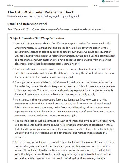 The Gift-Wrap Sale: Reference Check worksheet preview