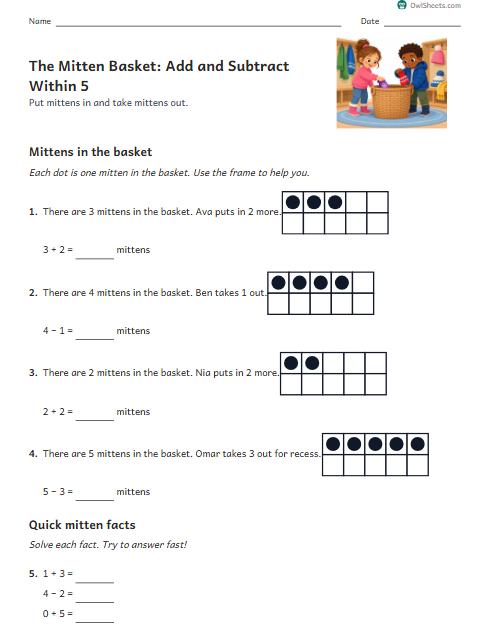The Mitten Basket: Add and Subtract Within 5 worksheet preview