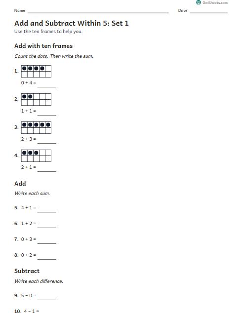 Add and Subtract Within 5: Set 1 worksheet preview