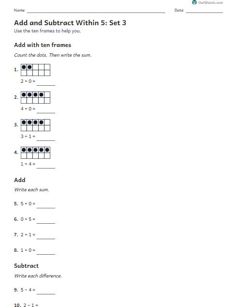 Add and Subtract Within 5: Set 3 worksheet preview