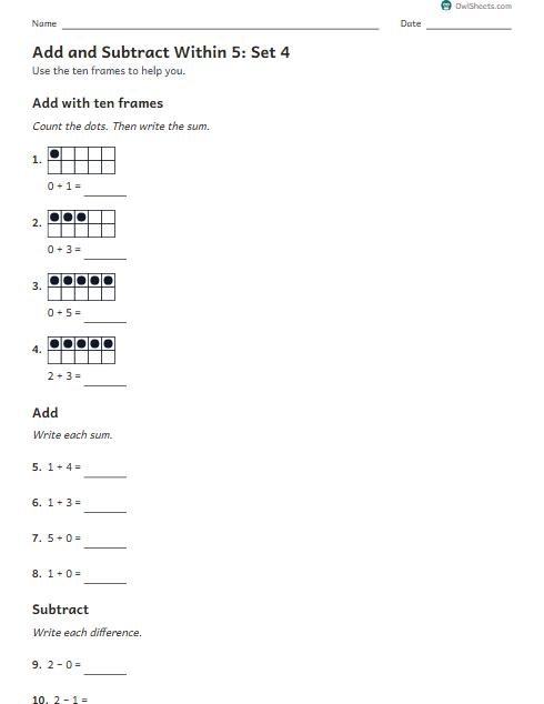 Add and Subtract Within 5: Set 4 worksheet preview