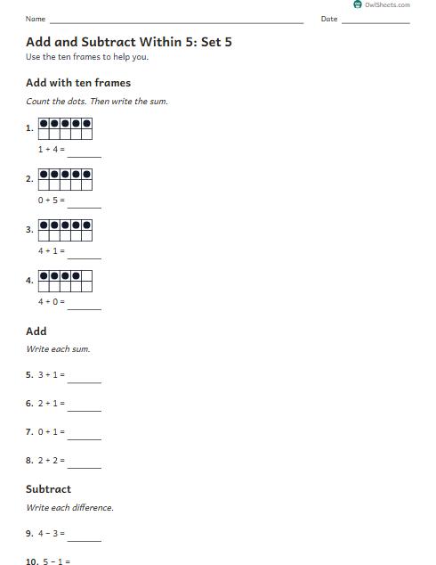 Add and Subtract Within 5: Set 5 worksheet preview