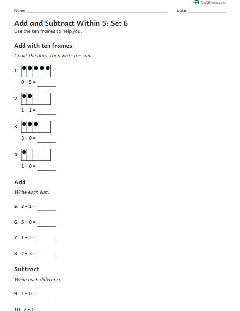 Add and Subtract Within 5: Set 6 worksheet preview