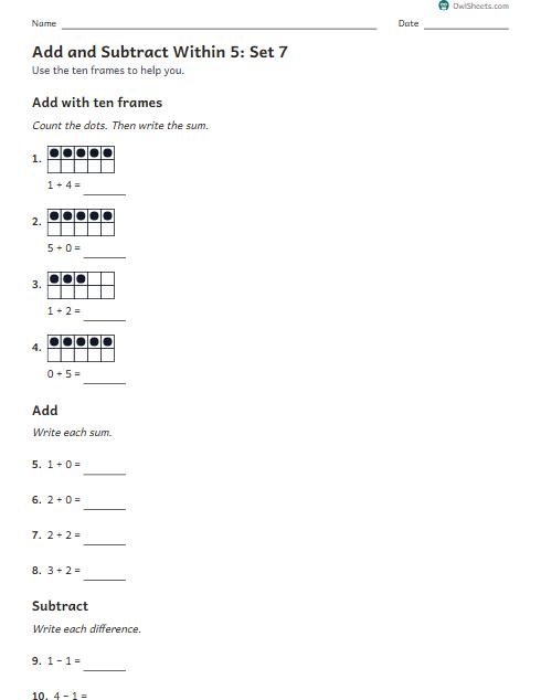 Add and Subtract Within 5: Set 7 worksheet preview