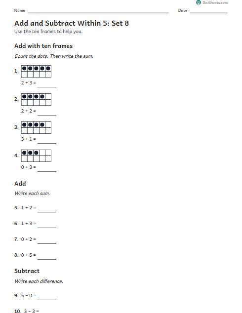 Add and Subtract Within 5: Set 8 worksheet preview