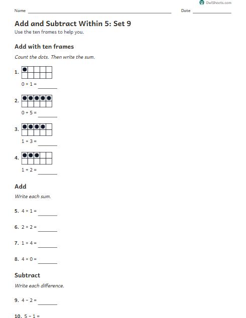 Add and Subtract Within 5: Set 9 worksheet preview