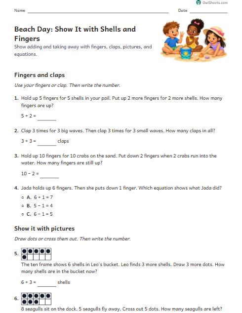 Beach Day: Show It with Shells and Fingers worksheet preview