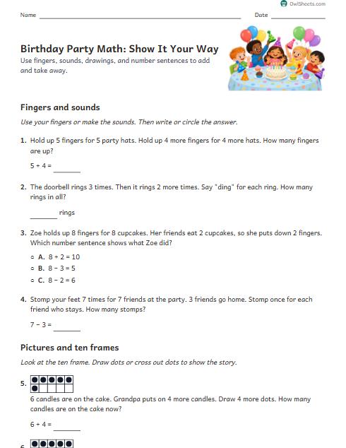 Birthday Party Math: Show It Your Way worksheet preview