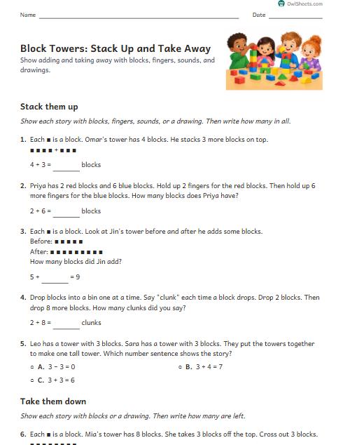 Block Towers: Stack Up and Take Away worksheet preview