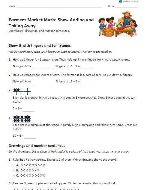 Farmers Market Math: Show Adding and Taking Away worksheet preview